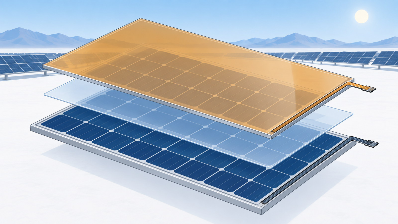 Concept diagram: a four-terminal tandem in which a semi-transparent perovskite panel is laid over a separately made silicon module