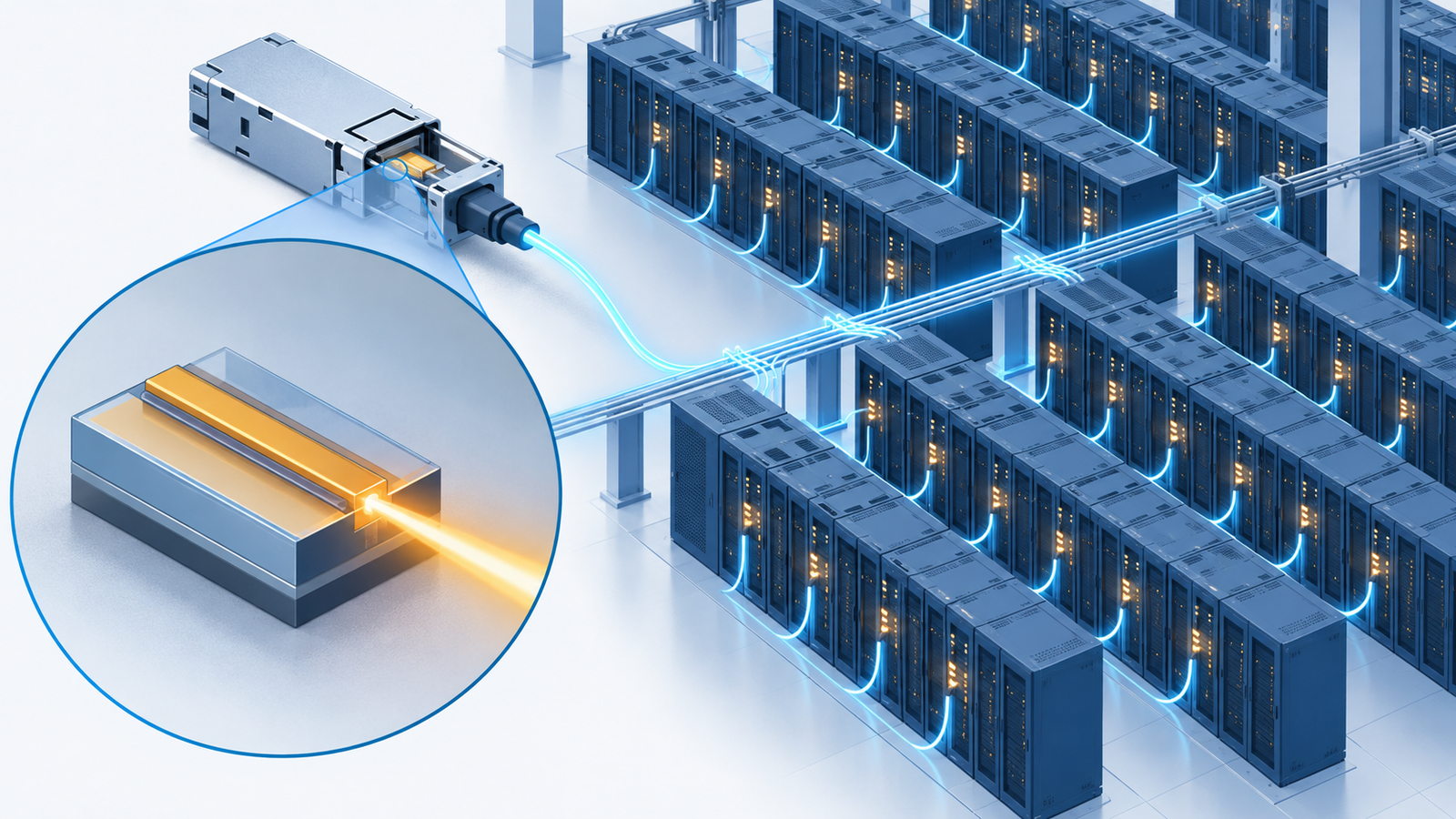 Concept diagram: a small compound semiconductor chip emitting light inside an optical transceiver, and that light linking servers in a data centre