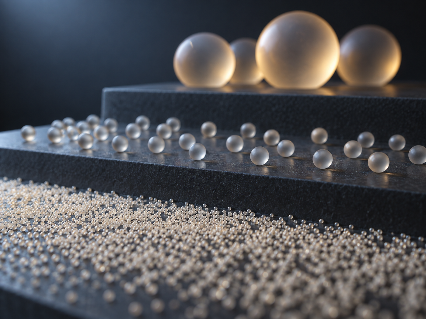 Abstract concept image of plain particles of different sizes arranged in stages to show differences in modality scale