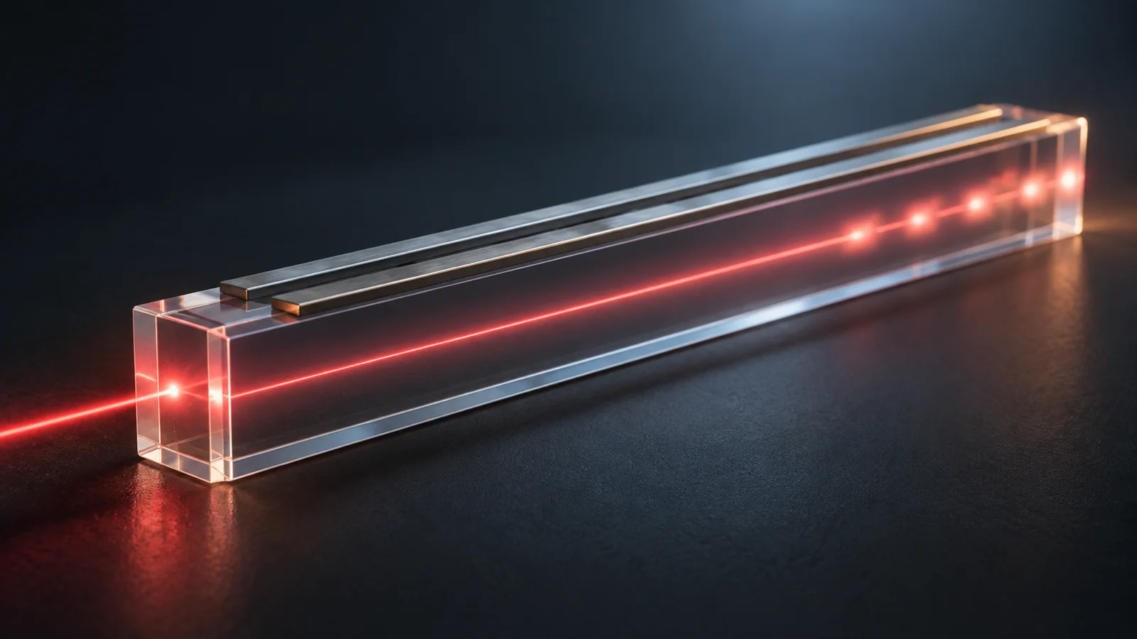 Conceptual image of a single red beam of light passing through a long, thin, clear crystal plate against a dark background, flickering slightly between light and dark as it leaves