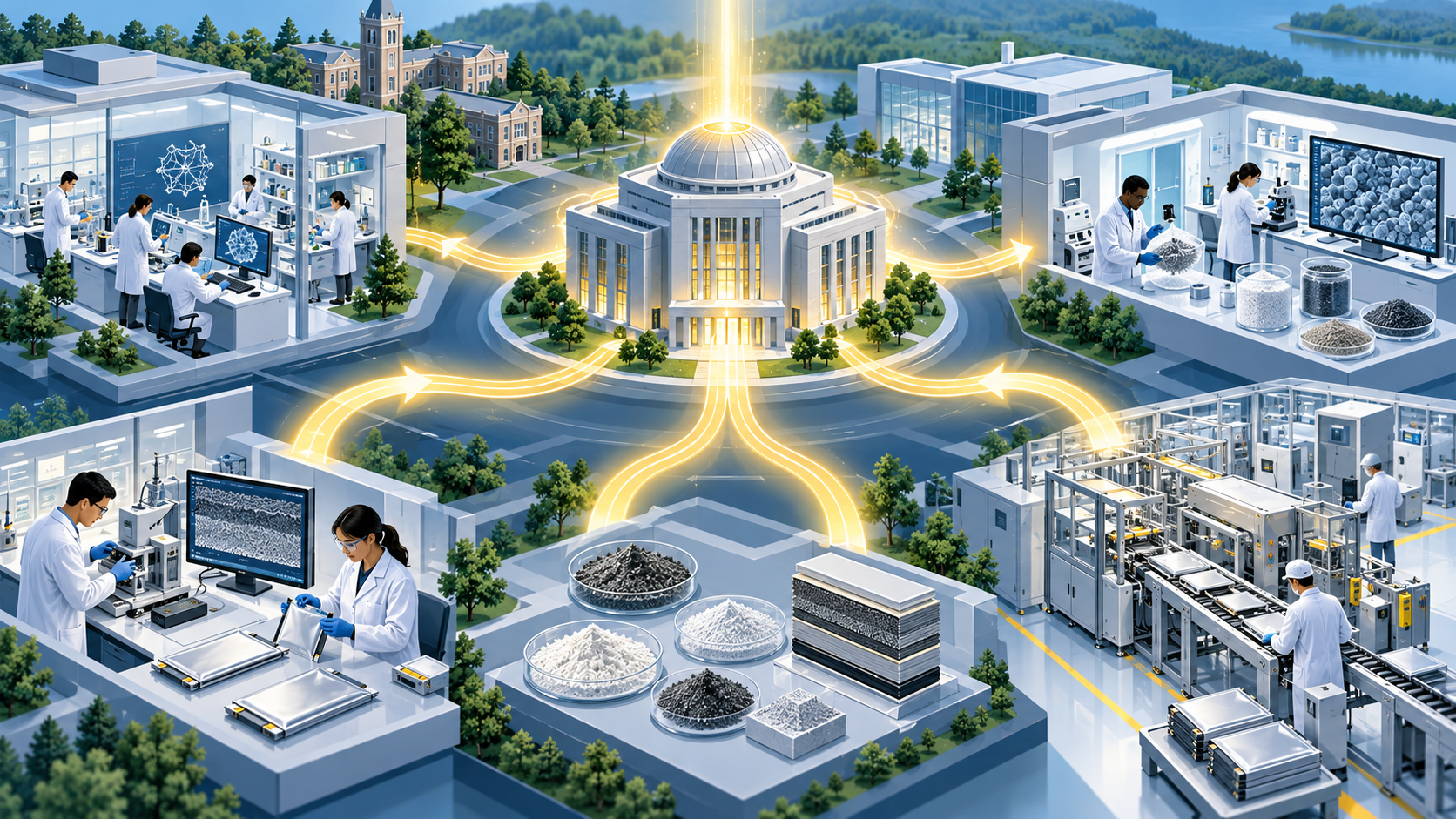 Conceptual illustration of public research funding connecting laboratories and companies developing solid-state batteries