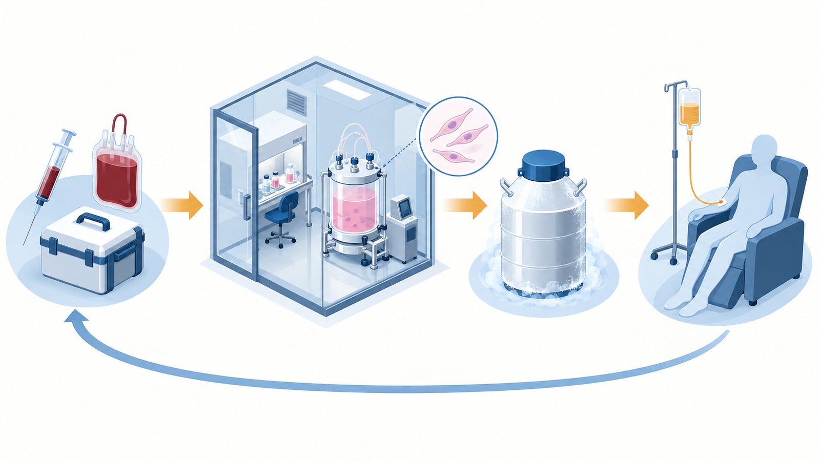 Concept diagram: an autologous cell product chain linked by devices, from collection kit through culture and freezing to drip administration