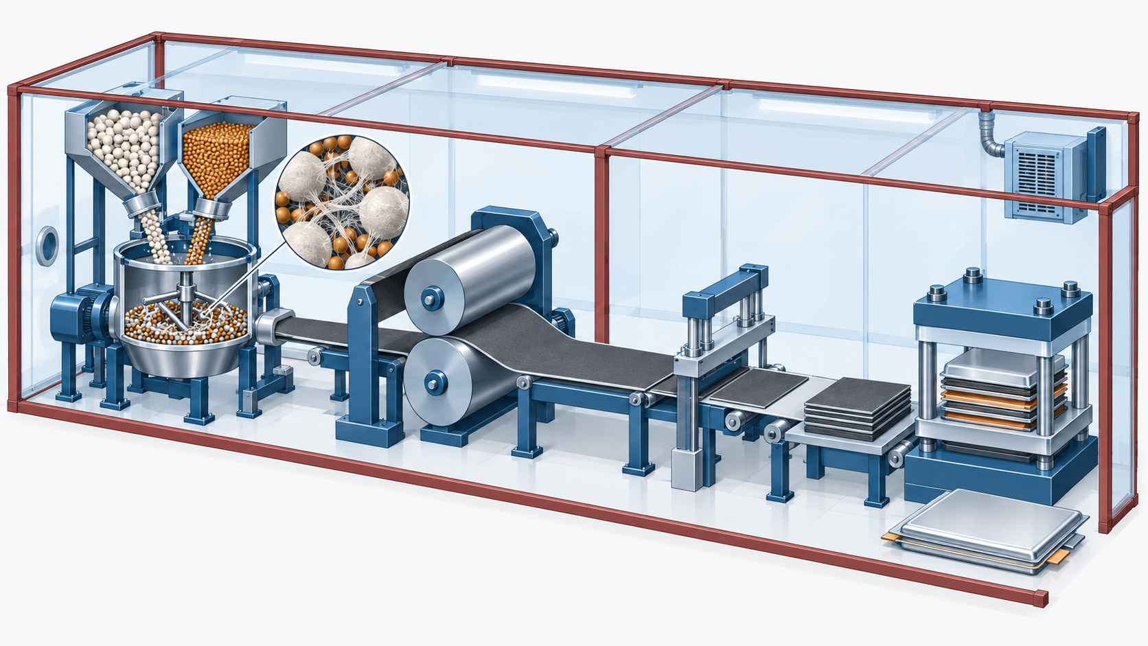 Conceptual illustration: Making a solid-state battery by wrapping powder around fibers and stacking it in layers in a dry room without using solvents.