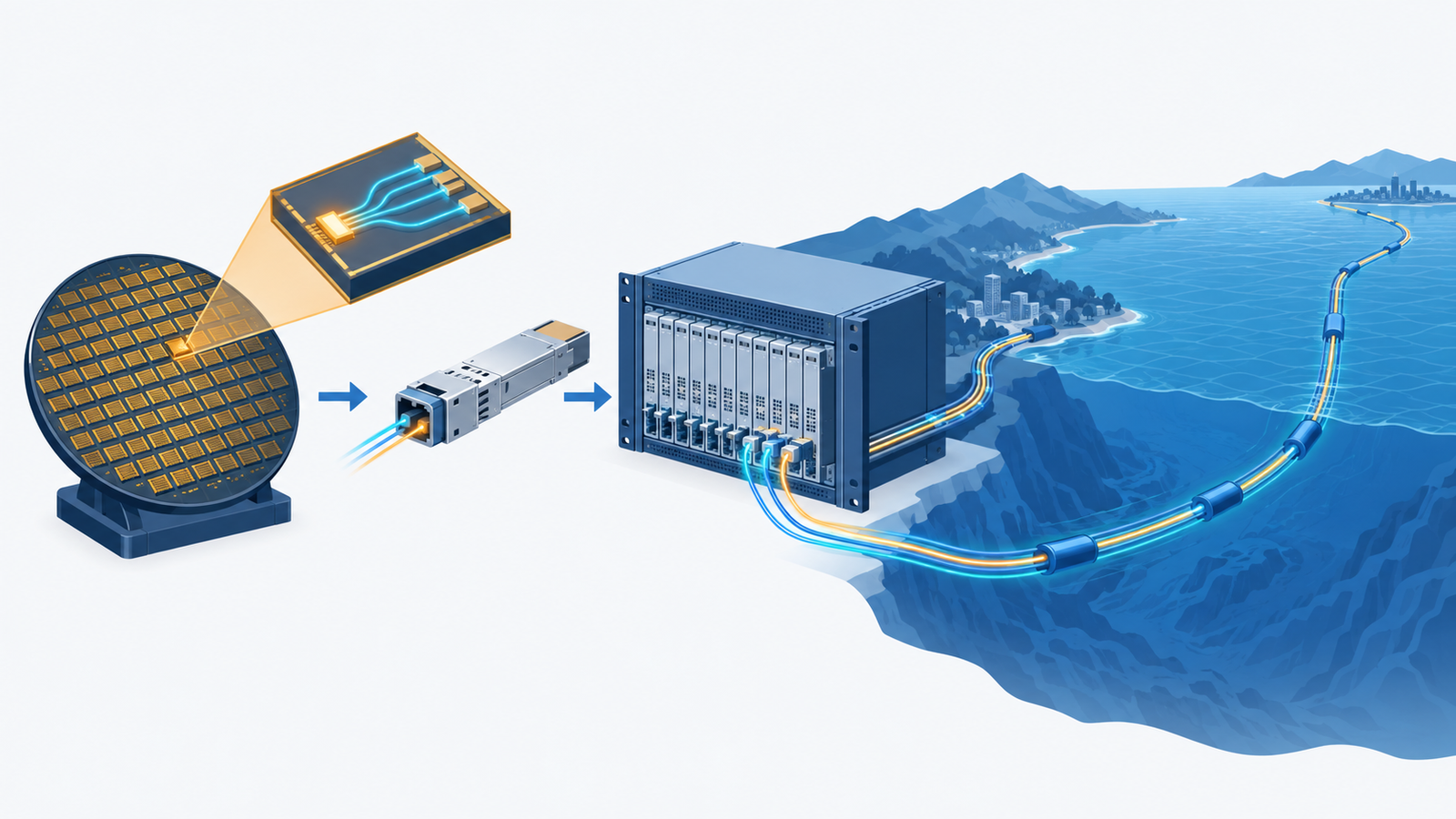 Concept diagram: optical chips made from an indium phosphide wafer, built into optical modules and connected into a long-distance fibre network