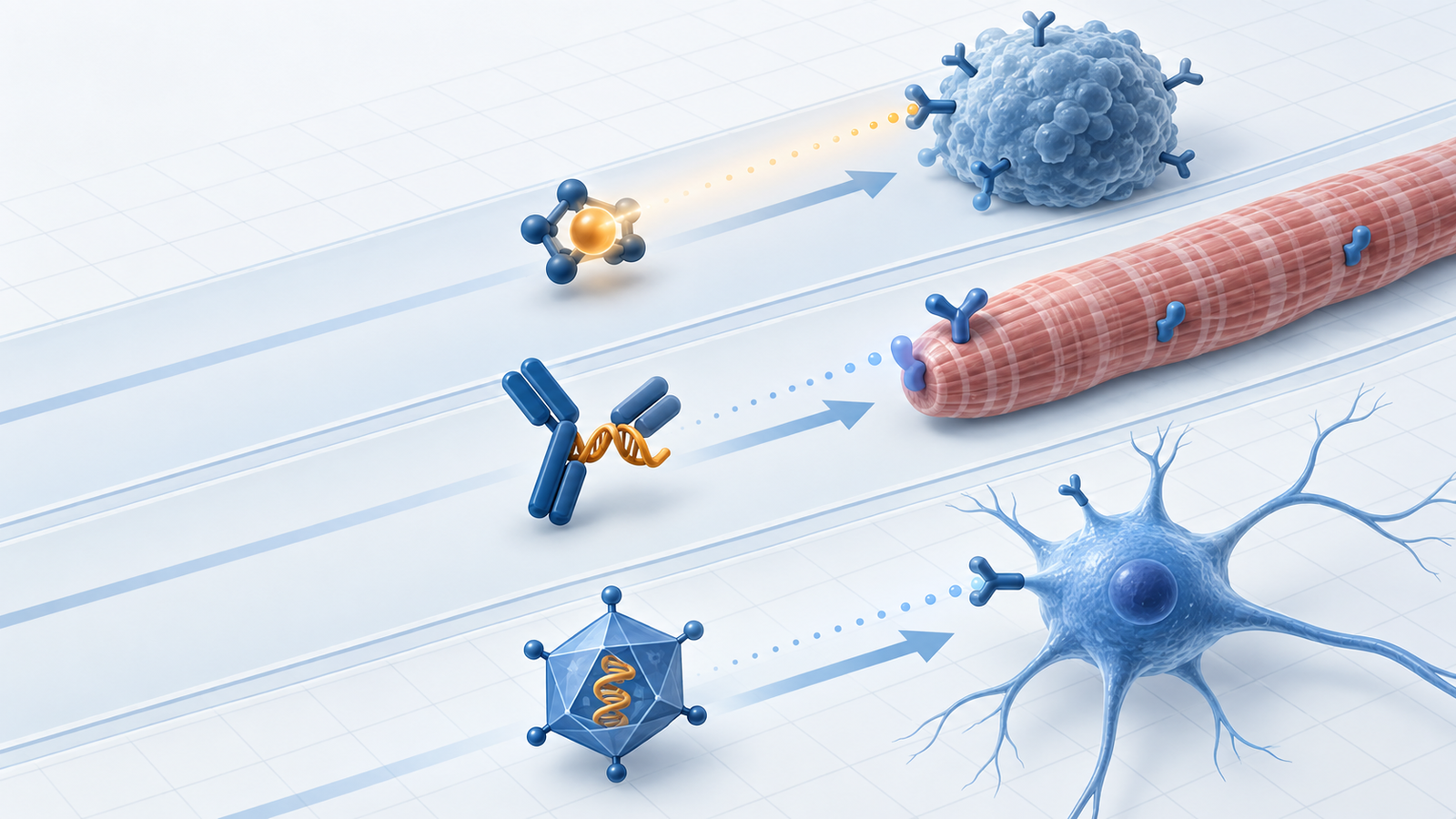 Conceptual diagram: A small molecule that carries radioactive particles, antibodies that carry nucleic acids to muscle cells, and a virus vector that carries genes, are going to each target cell.