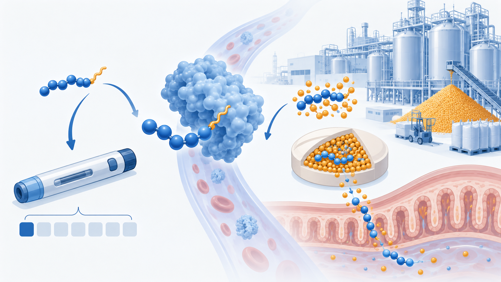 Conceptual diagram: Expand one peptide molecule into tablets with absorbent promoter, in a weekly injection with fatty acid modulation