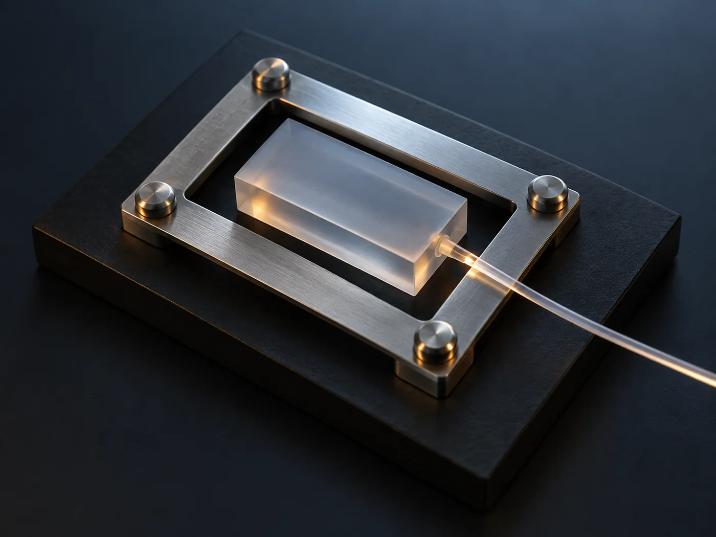 Conceptual image, seen from diagonally above, of a small plain rectangular block on a dark board being held down gently by a simple metal frame fastened at its four corners