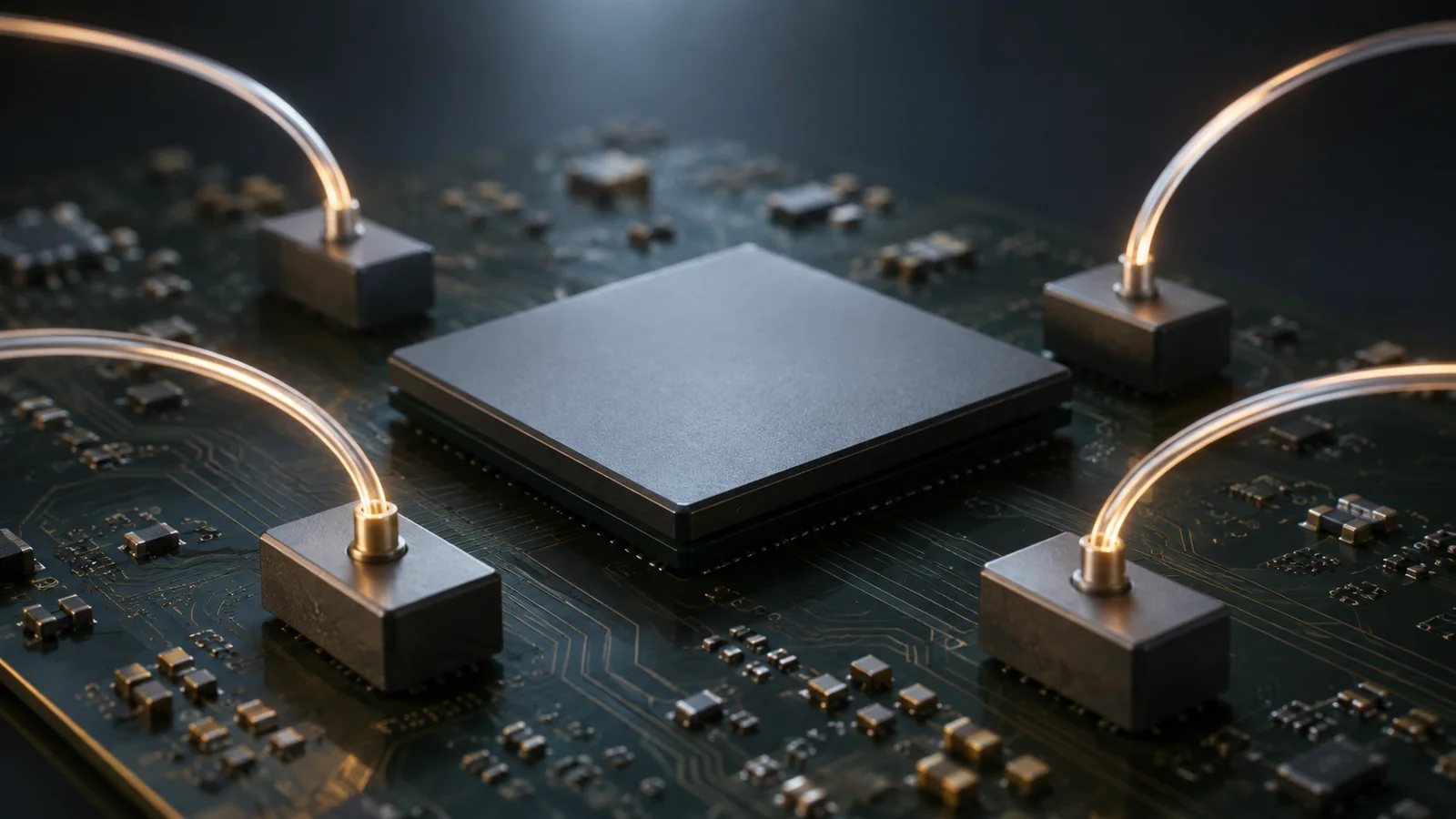 Conceptual image of a dark board with a large square chip in the centre, small rectangular blocks set a little apart around it, and thin optical fibres running out from them