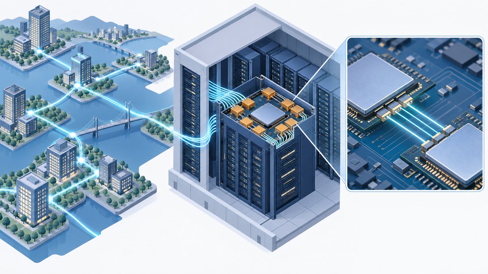 Concept diagram: light travelling through a carrier network reaches right up to the switches and computing chips inside a data centre