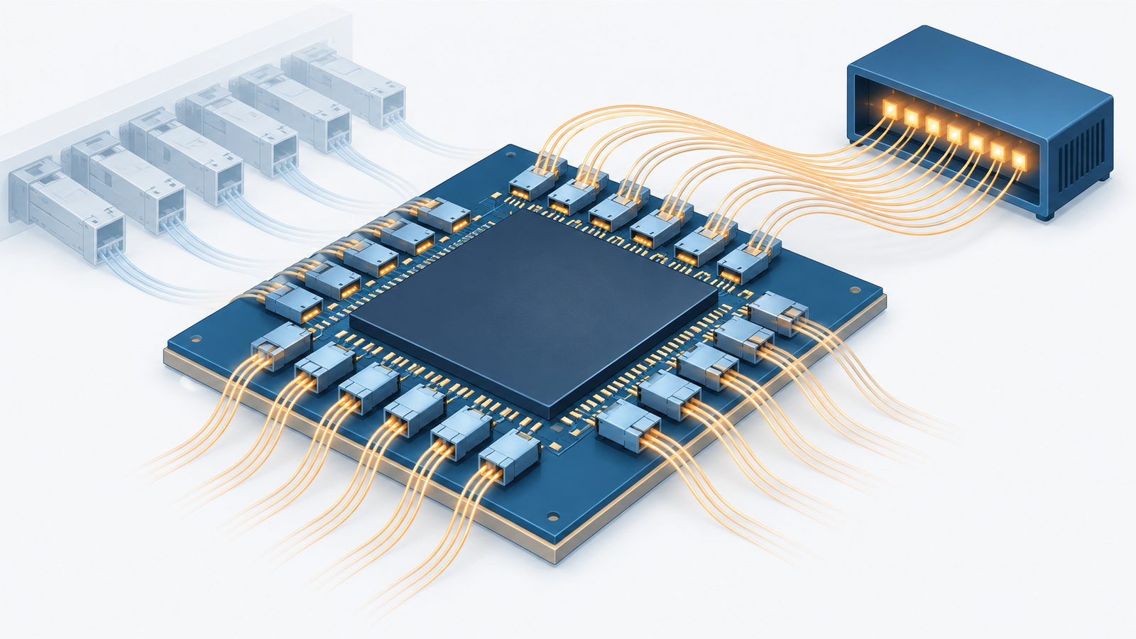 Concept diagram: optical engines ranged around a switch chip, with lasers fed in by fibre from a separate box