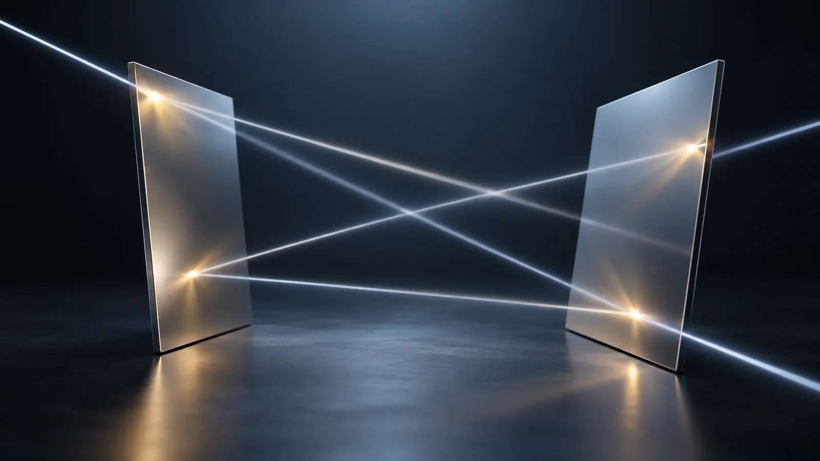 Abstract conceptual image of many thin beams of light crossing diagonally between two flat surfaces facing each other in a dark space, each folded back in a different direction