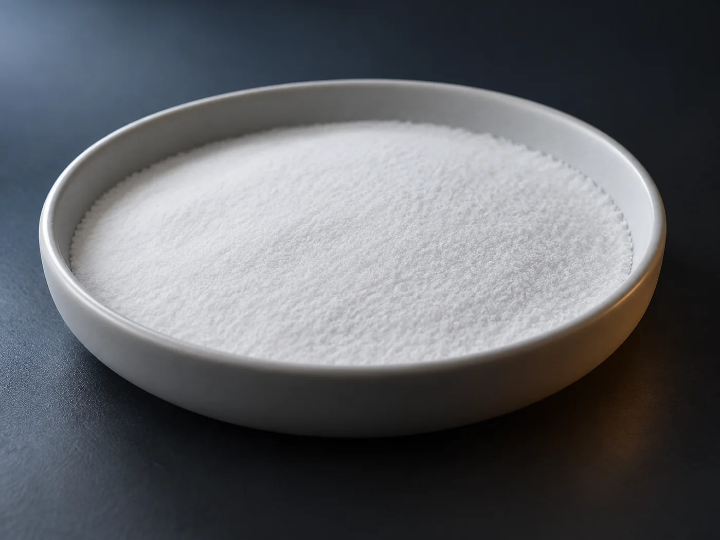 Conceptual image that white fine powder spreads evenly on a shallow dish on the top of the dark surface