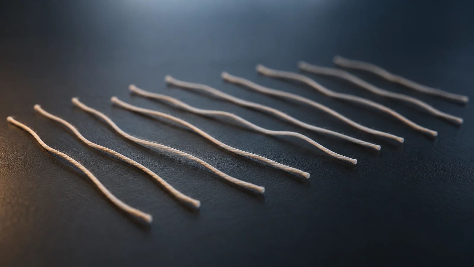 Concept image aligned with the short and thin thread of the same length slightly on the dark surface