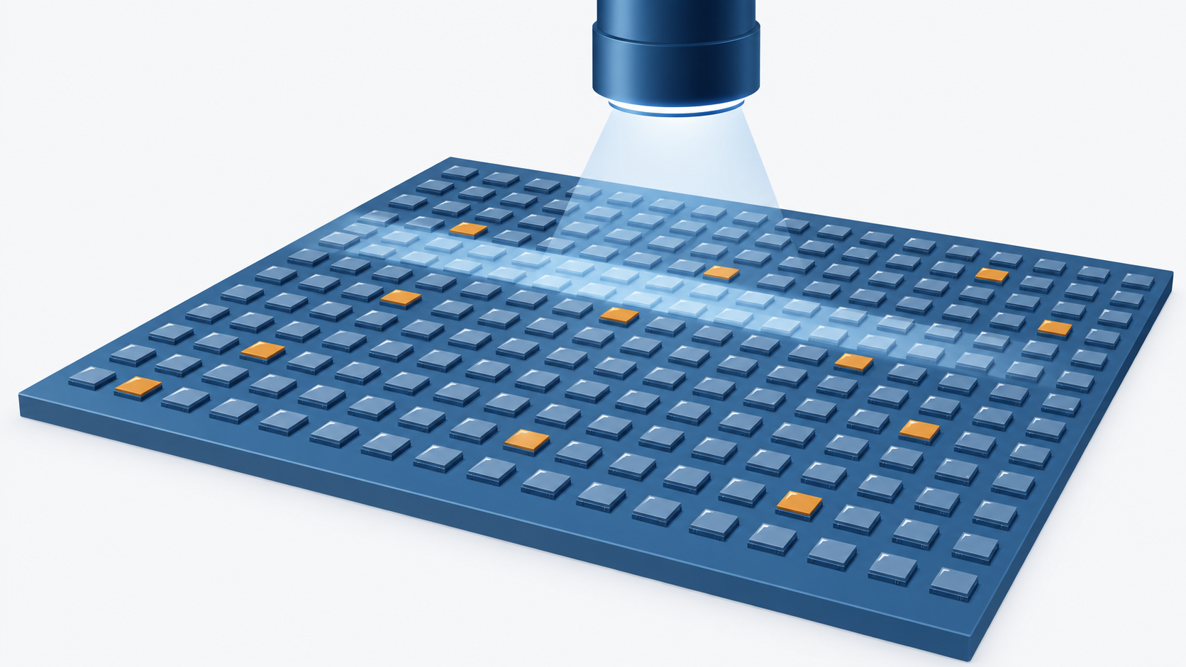 Concept diagram showing an optical system scanning packages laid out across a large rectangular panel (AI-generated concept image)