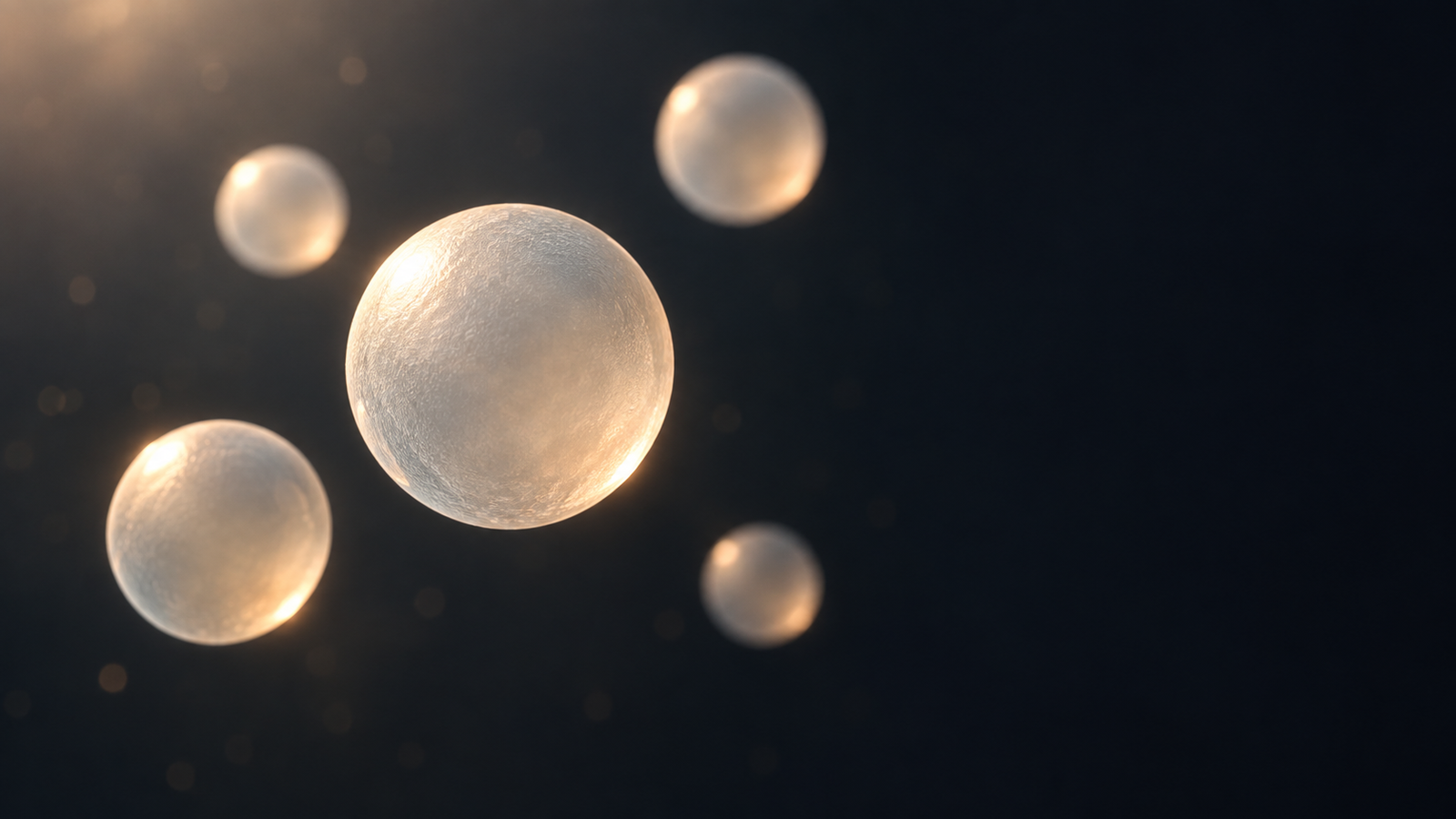 Hero image: a few small translucent spheres floating against a dark background
