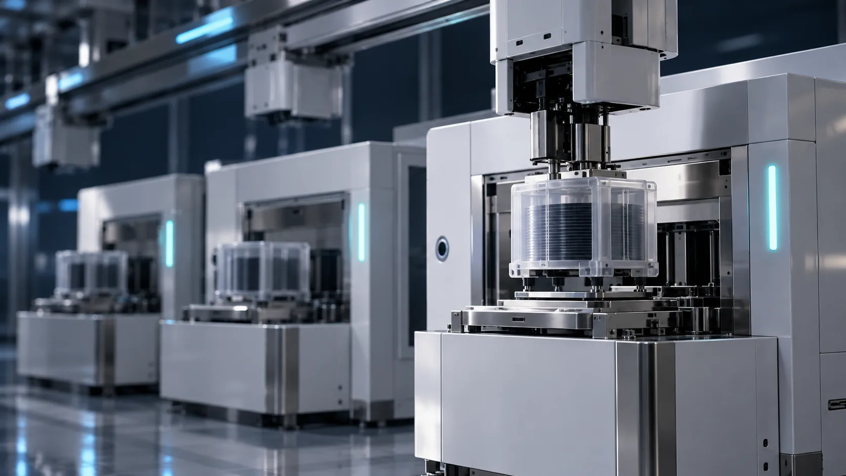 Conceptual image of automated transport units carrying wafer carriers past neatly arranged assembly tools in a cleanroom