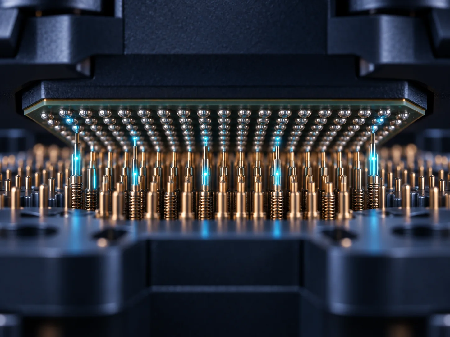 Conceptual image of a finished semiconductor package contacted by many probes inside a test handler for electrical measurement