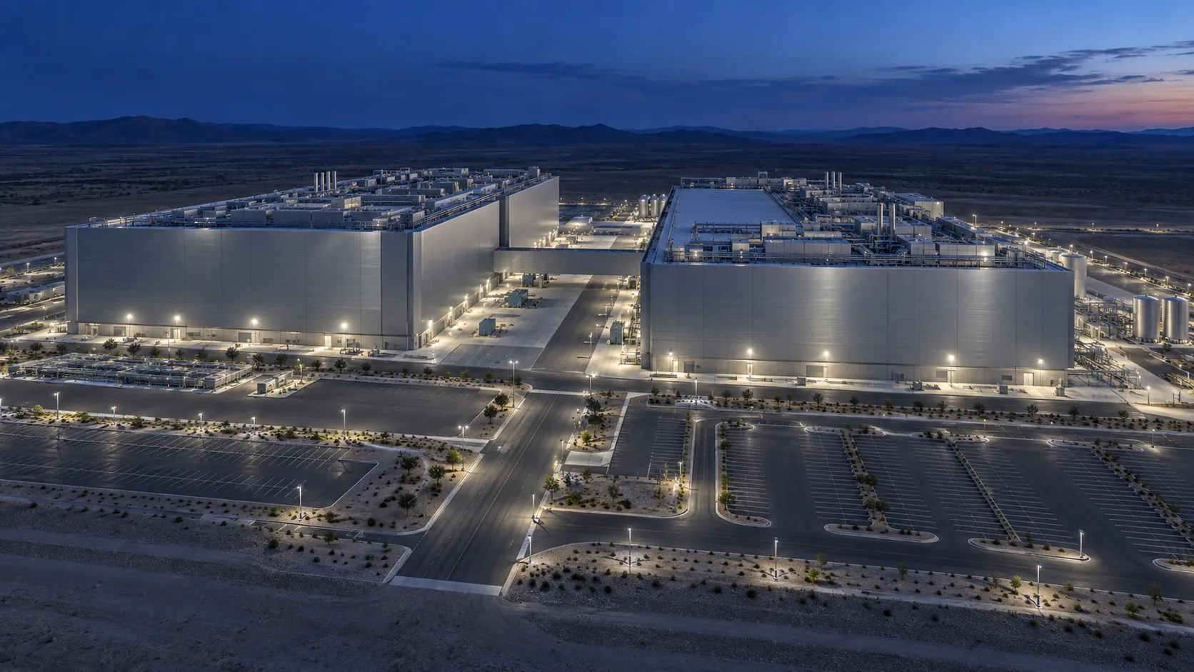 Conceptual image of the exterior of a large semiconductor back-end plant under construction on dry, open land