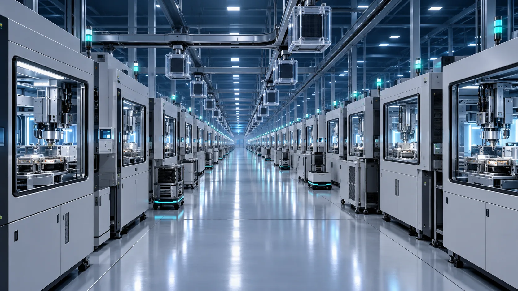 Conceptual image of rows of automated semiconductor assembly and inspection equipment inside a cleanroom