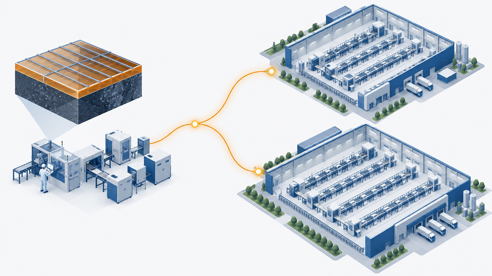 Concept diagram: a tandem cell with a thin perovskite film on top of a silicon cell, and that technology spreading to large factories in the form of patents