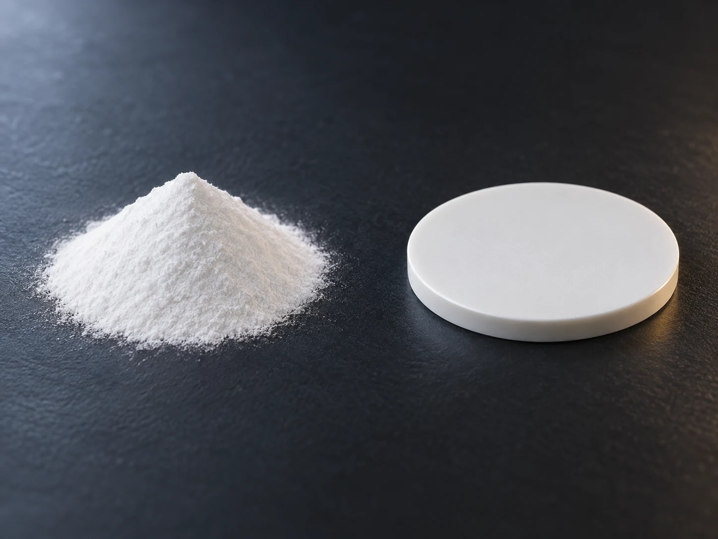 Conceptual image of a small heap of fine white powder beside a dense disc of the same colour on a dark surface