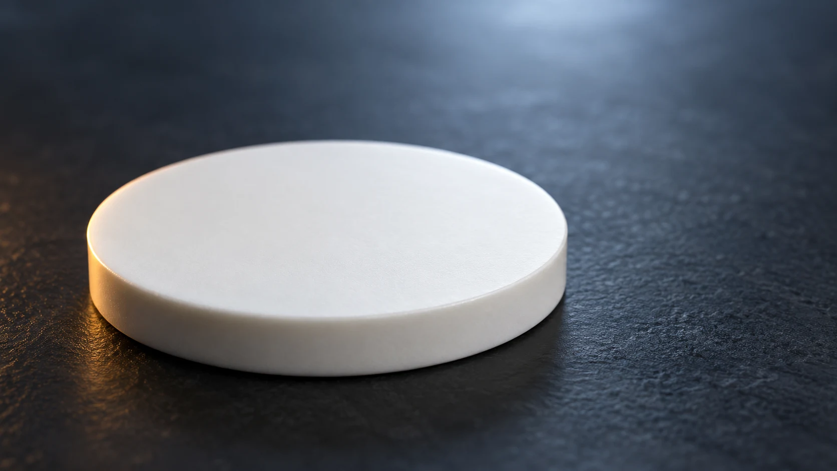Conceptual image of a thin dense white ceramic disc resting on a dark surface