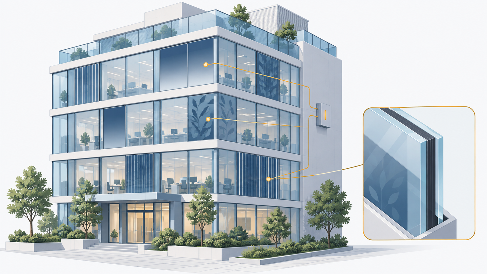 Concept diagram: the windows and railing glass of an office building turned into power-generating glass with different patterns and transparency