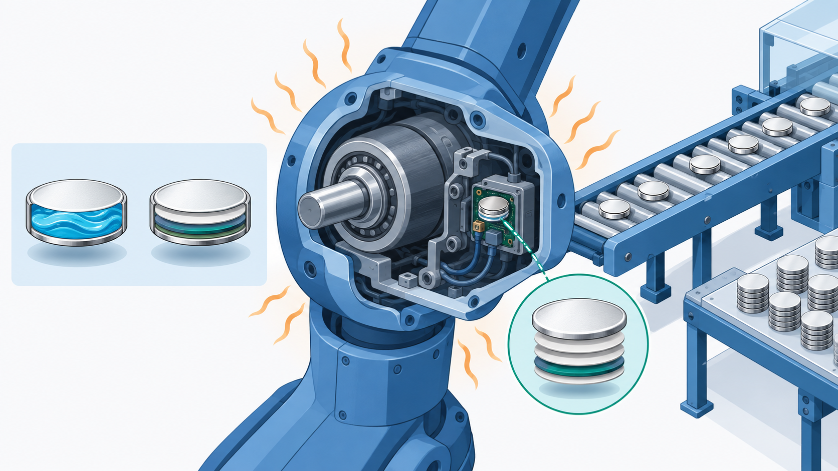 Conceptual diagram: Replacement of small solid batteries in their original form within industrial machinery at high temperatures