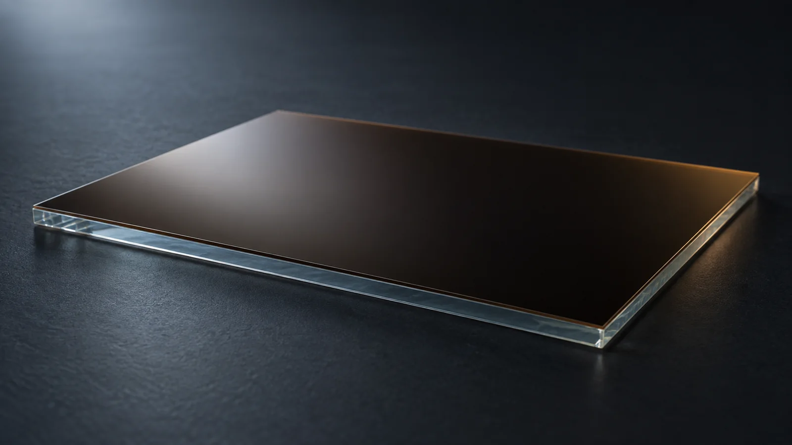 Conceptual image of a plain glass plate resting on a dark surface, with a smooth dark brown thin film spread evenly across it