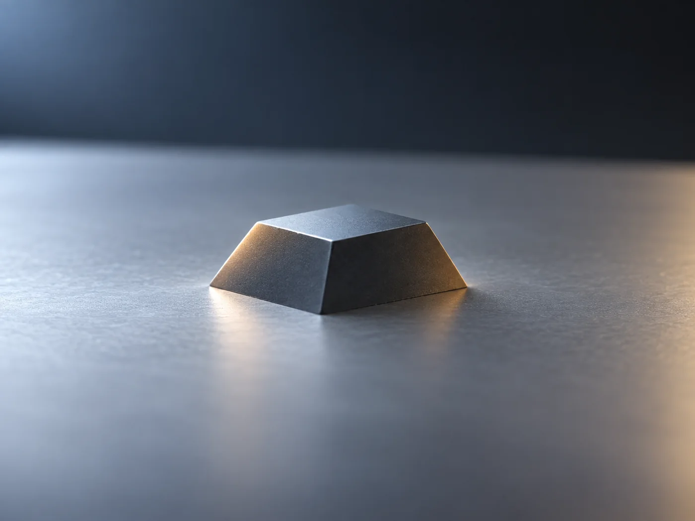 Conceptual image, seen from a low angle, of a single small dark grey crystal island with smooth edges rising from a flat, pale grey surface