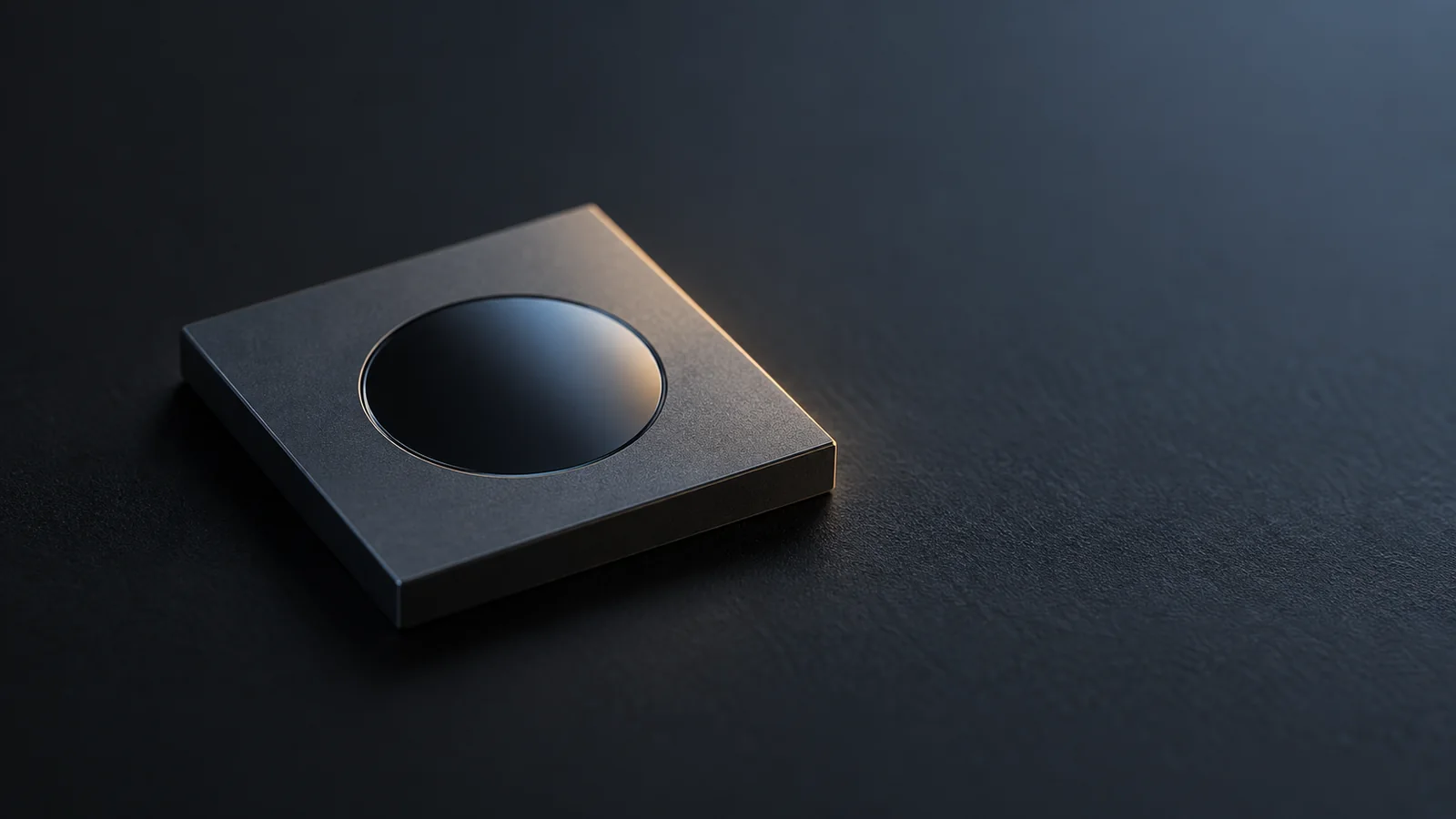 Conceptual image of a small square crystal chip on a dark surface, with a small smooth round window at its centre reflecting soft light