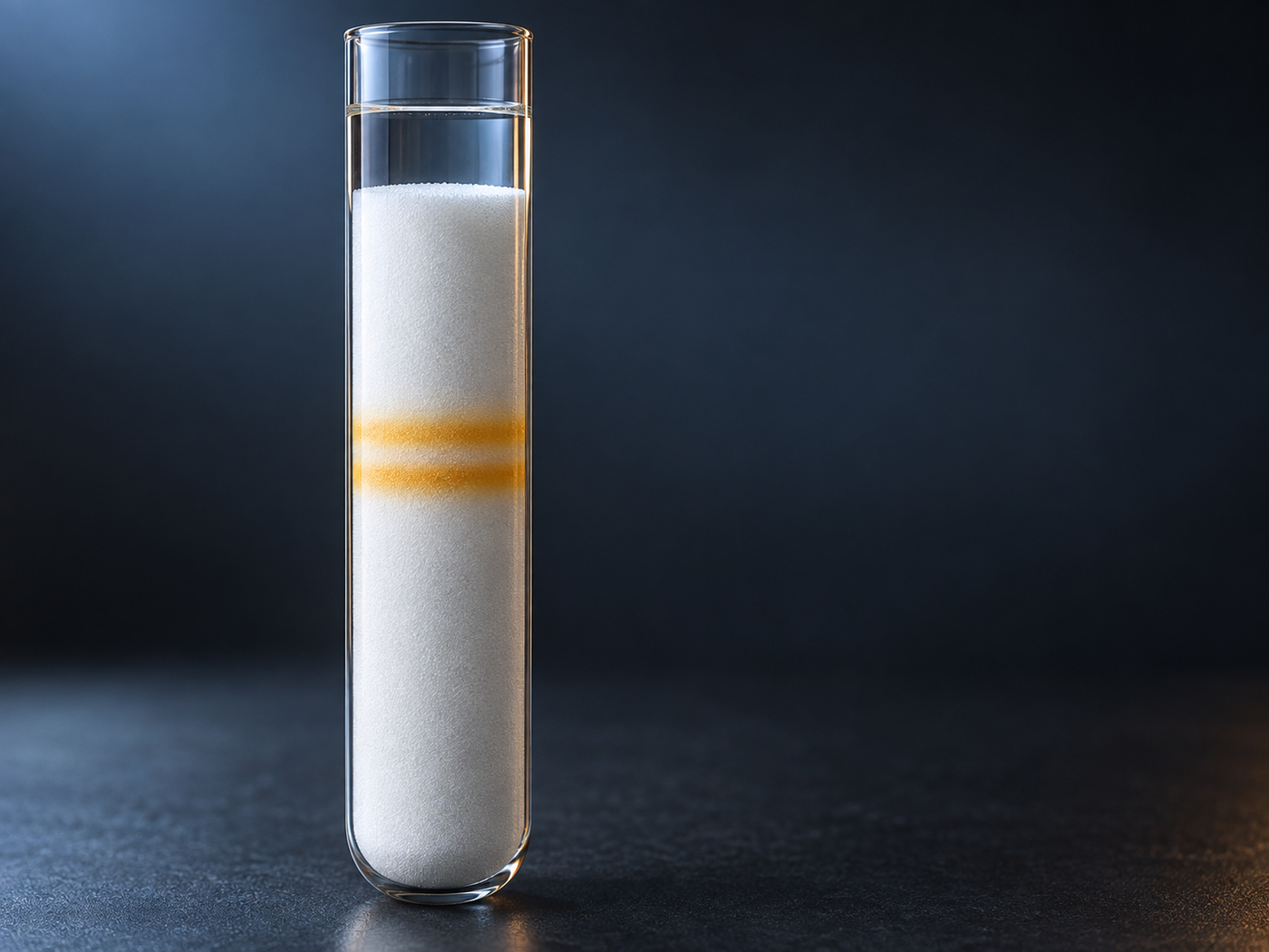 Abstract concept image of clear liquid flowing through a transparent column packed with small particles during purification
