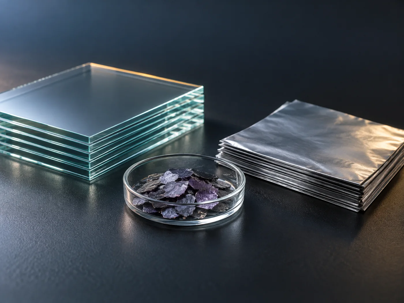 Conceptual image of a neatly sorted stack of plain clear glass sheets set beside a small bundle of thin metal foil on a dark surface