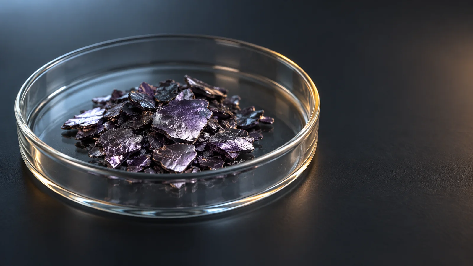 Conceptual image of a few small dark violet-grey crystal flakes with a metallic sheen in a shallow plain glass dish on a dark surface