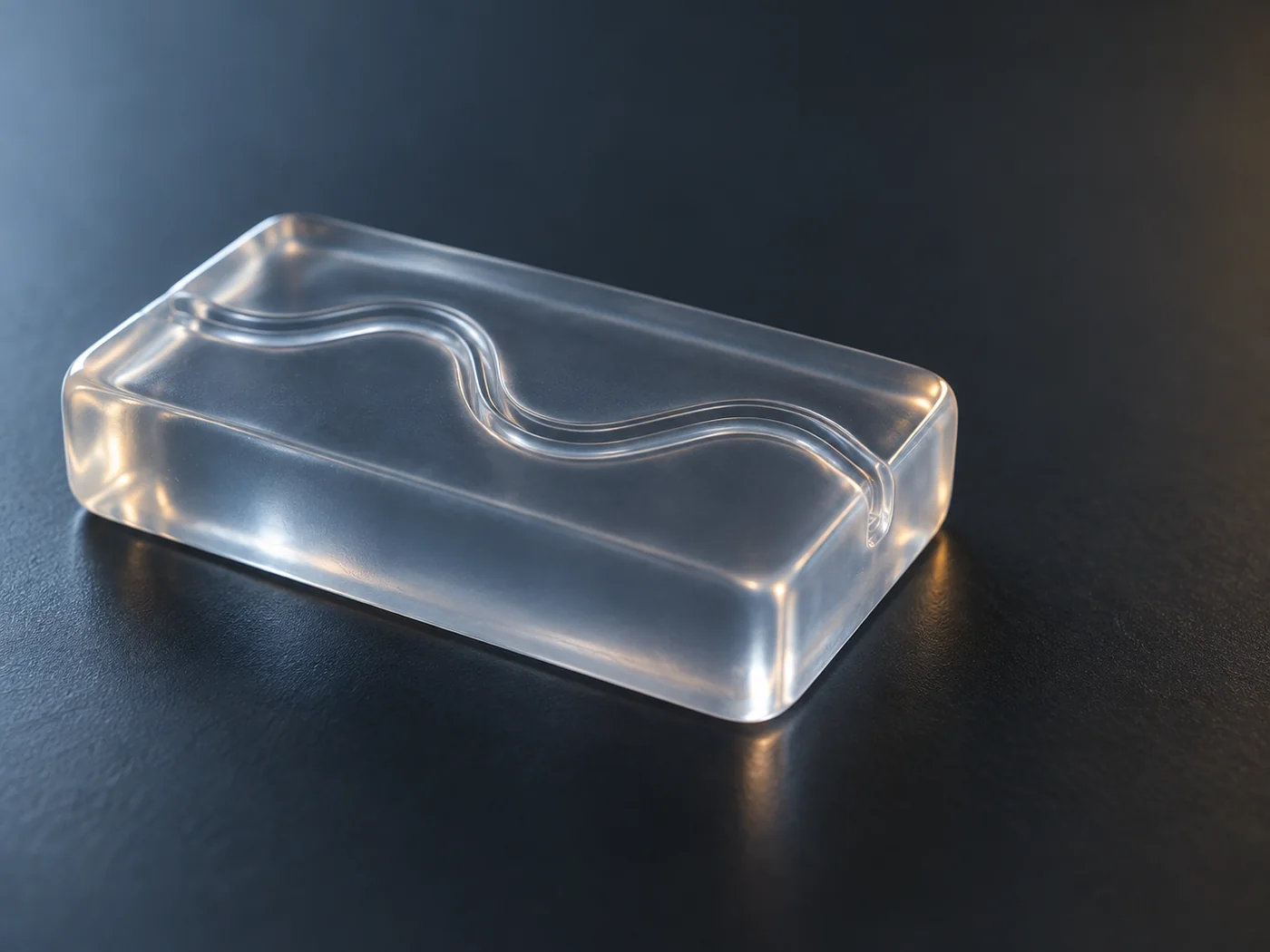 An abstract concept image of a thinly curved flow path en d inside a small block of transparent and soft resin placed on a dark surface