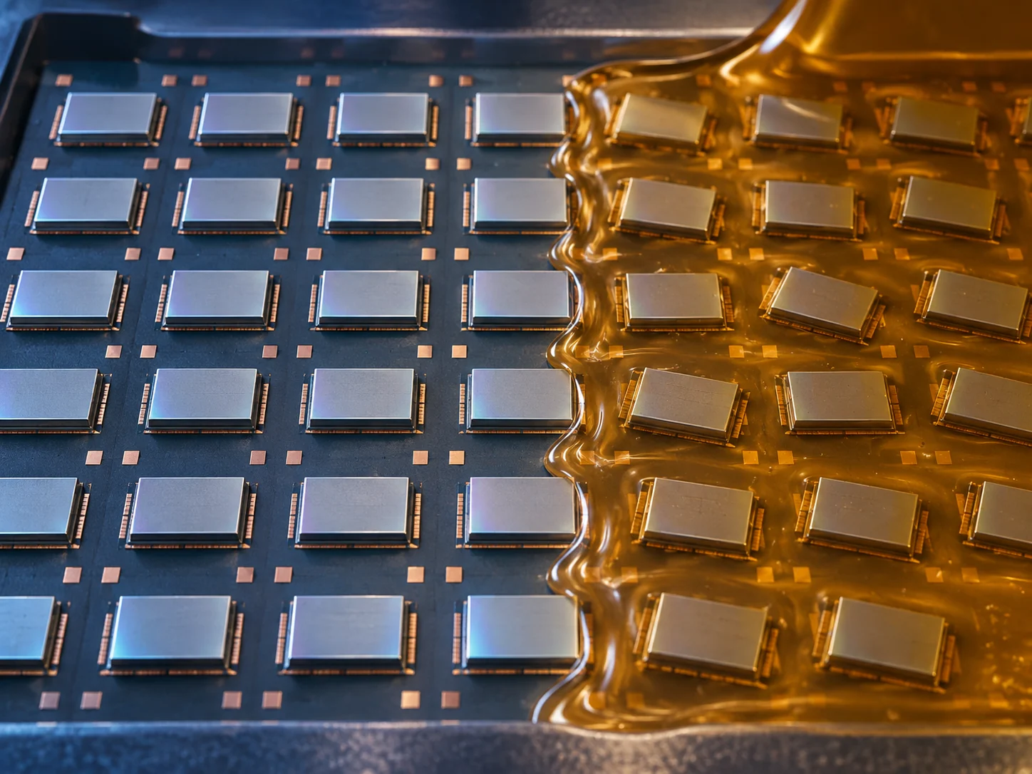Conceptual image of molding compound flowing in and nudging the placed dies slightly out of position