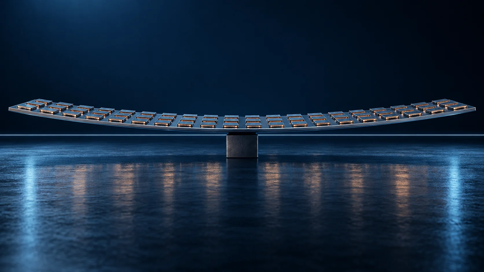 Conceptual image of a thin panel more than half a metre across bowing gently under its own weight and heat