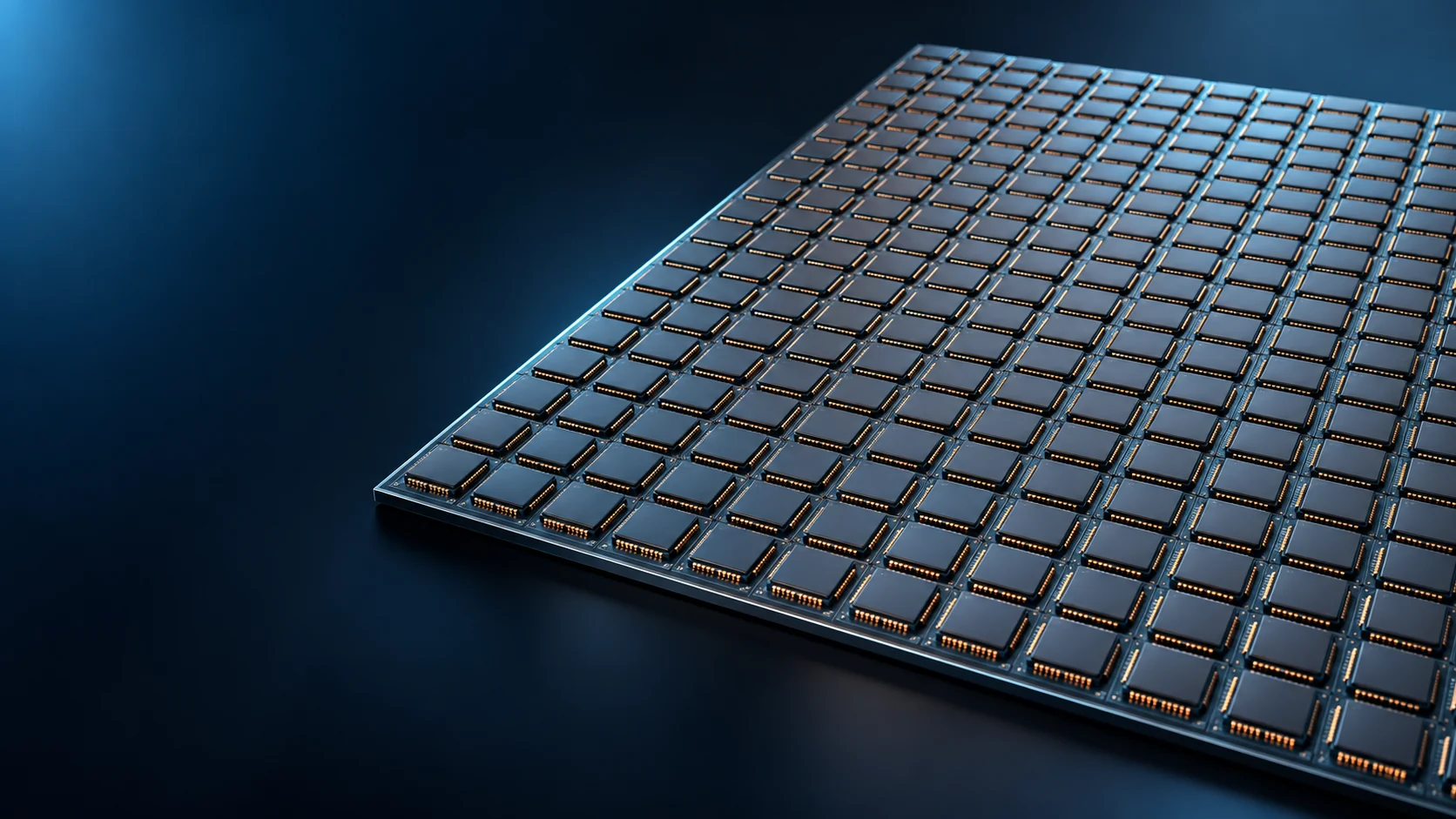 Conceptual image of many semiconductor packages arranged in a grid across a large square panel