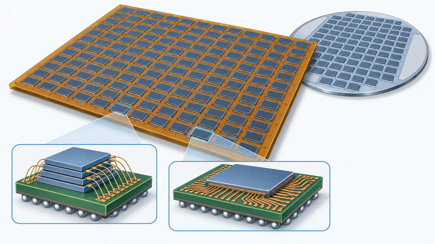 Concept diagram showing packages holding stacked memory laid out in neat rows across a large rectangular panel (AI-generated concept image)