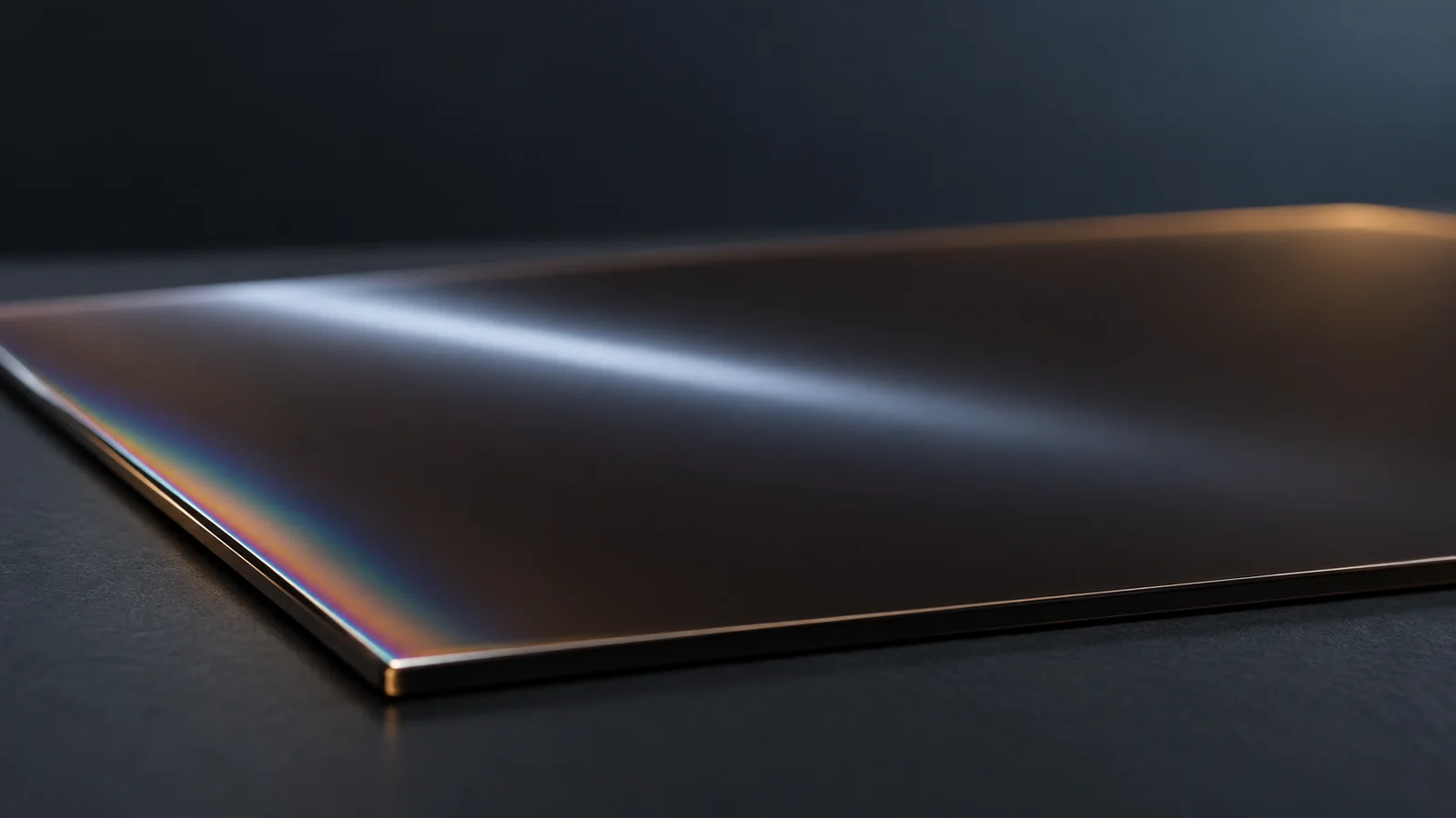 Conceptual image, from a low angle, of a uniform dark brown thin film on a dark surface, covered by an even thinner transparent glossy layer