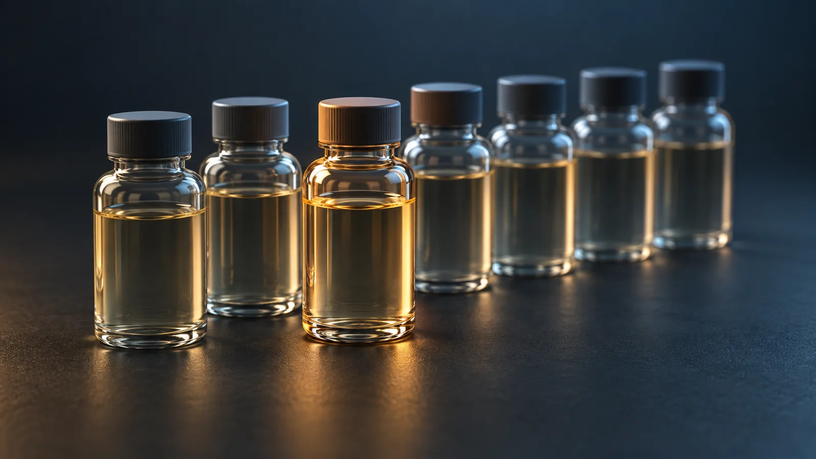 Conceptual image of a row of plain clear bottles, with just one placed slightly in front of the others
