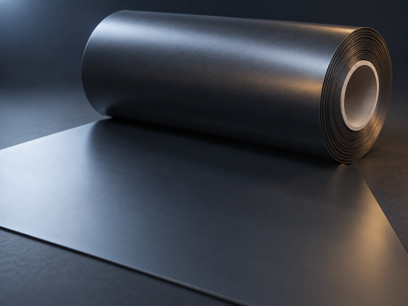 Conceptual image of a flat film being fed forward from a roll of thin film wound on a plain core, against a dark background