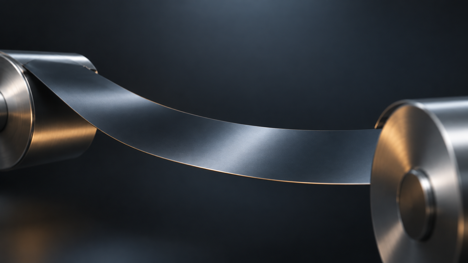 Conceptual image of a thin, dark continuous film running between plain metal rollers against a dark background