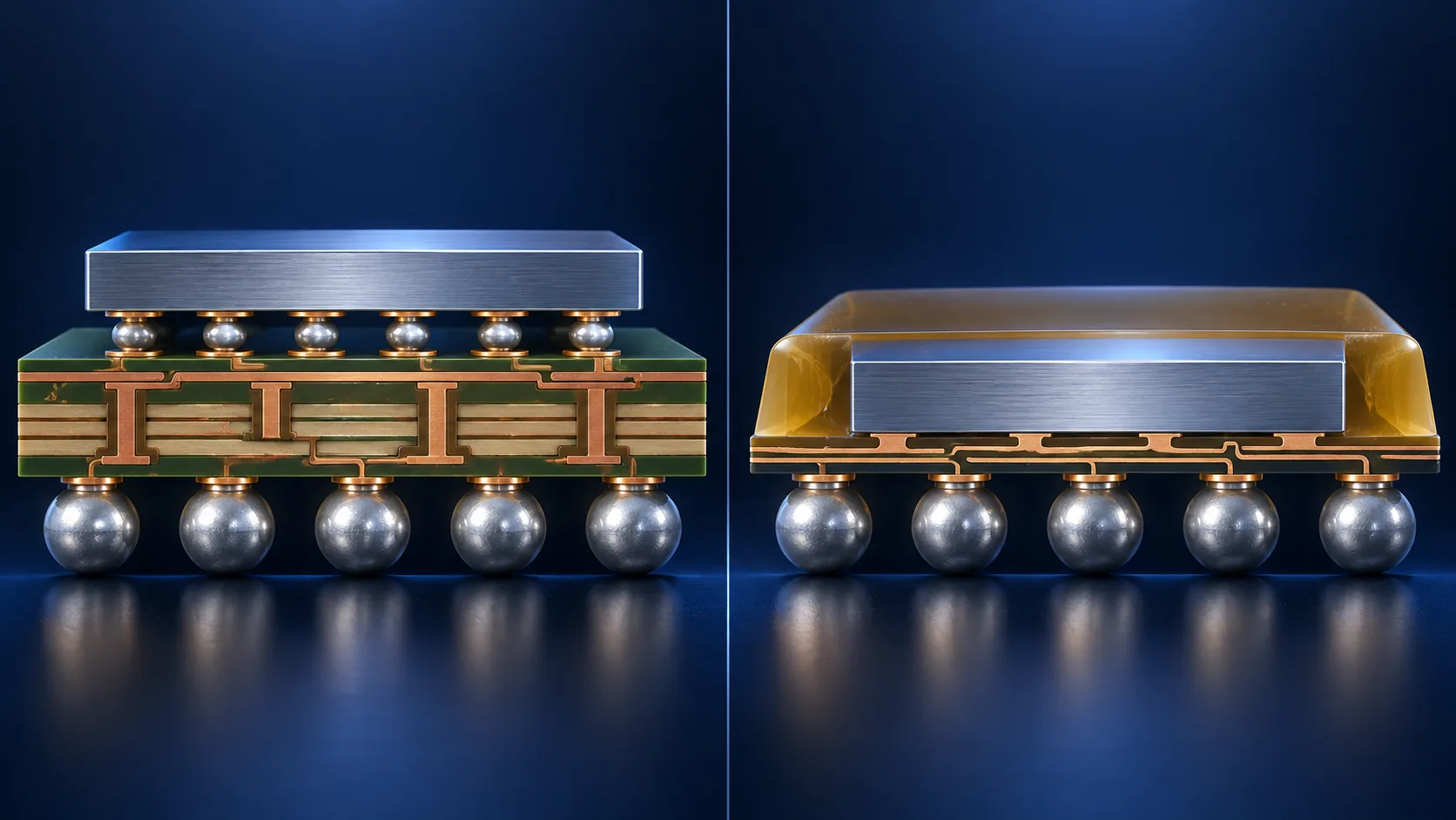 Conceptual illustration of Cross-section comparison of conventional flip-chip assembly and a fan-out package