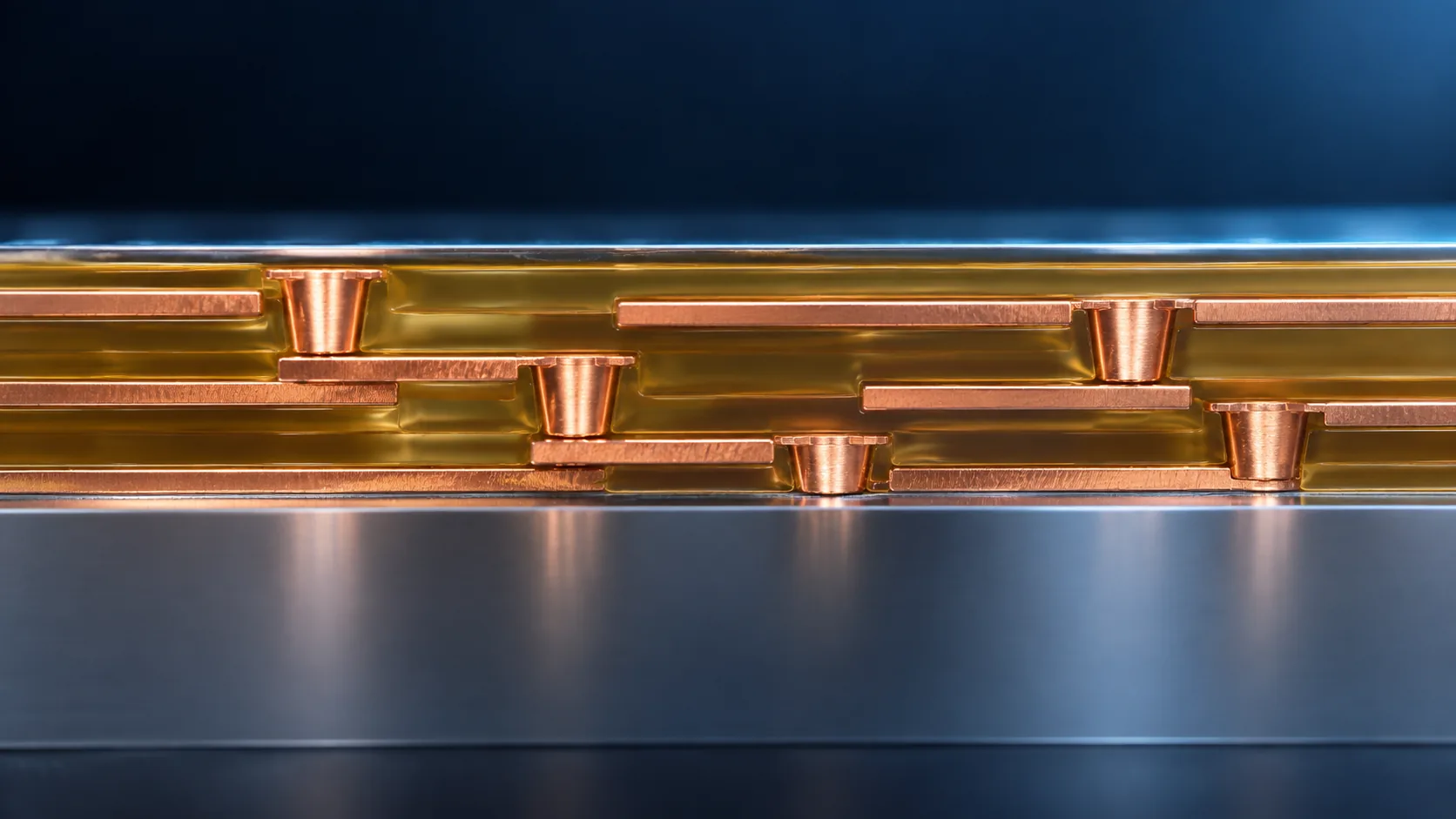 Macro impression of a redistribution layer cross-section in which translucent polymer layers and fine copper traces alternate, linked by small vias