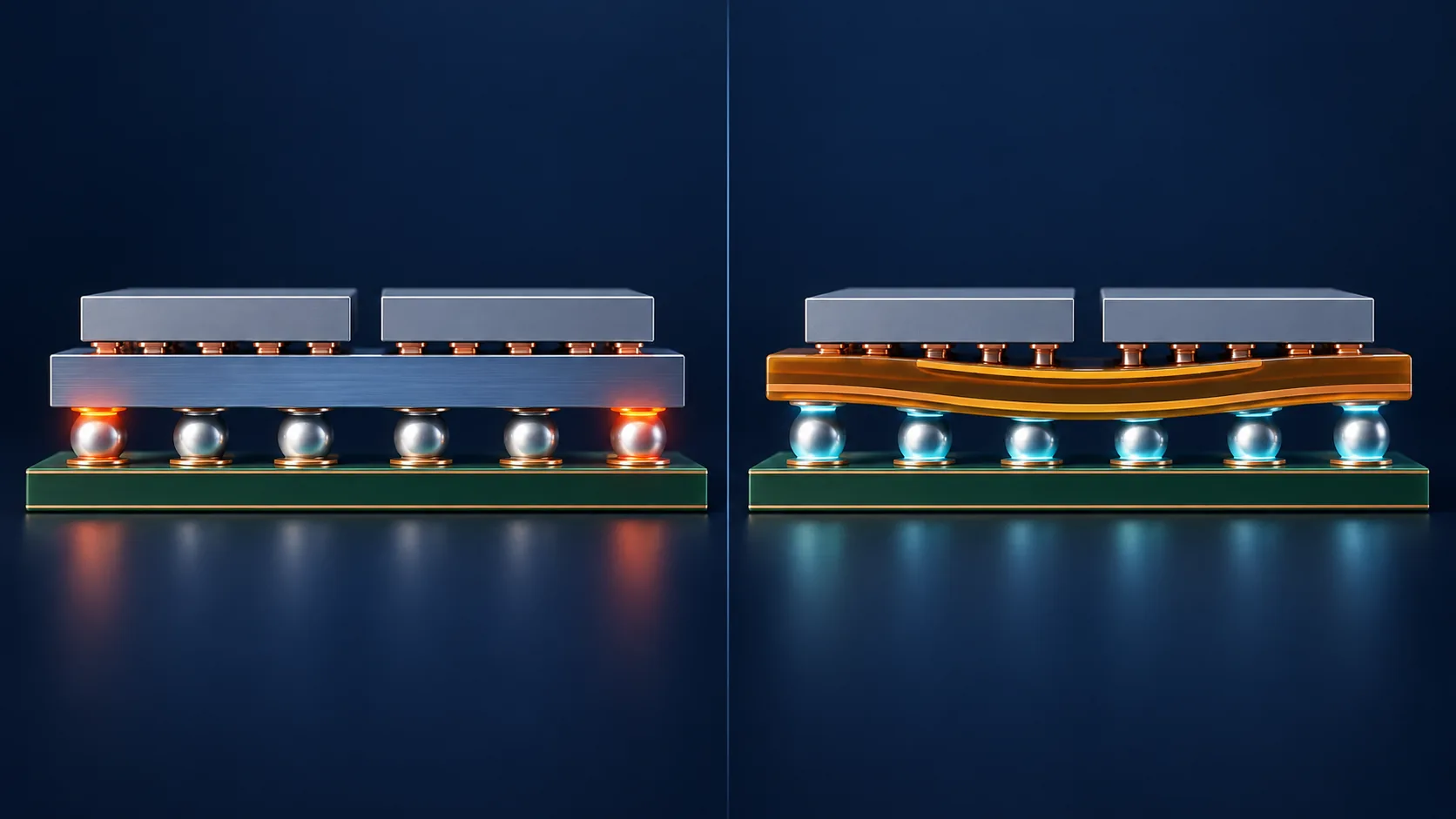 Conceptual illustration of The difference between a silicon interposer and an RDL interposer