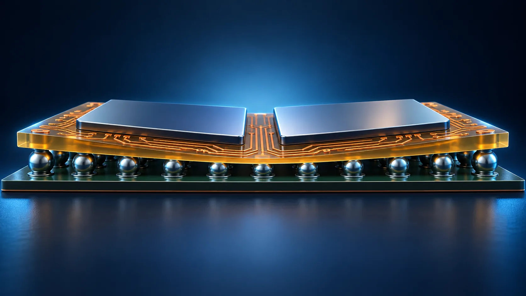 Conceptual image of a large package in which a polymer layer flexes slightly and eases the stress on the solder joints below