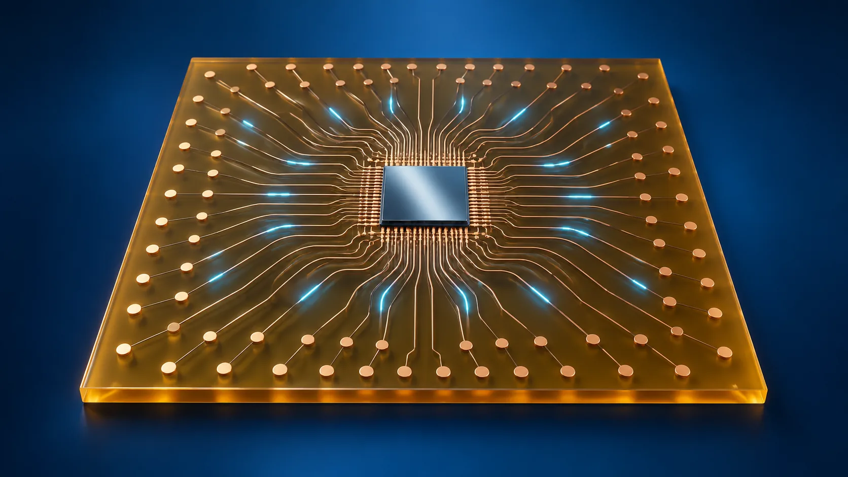 Conceptual image of fine copper wiring fanning out across and beyond a small silicon die, carrying terminals to the outer area