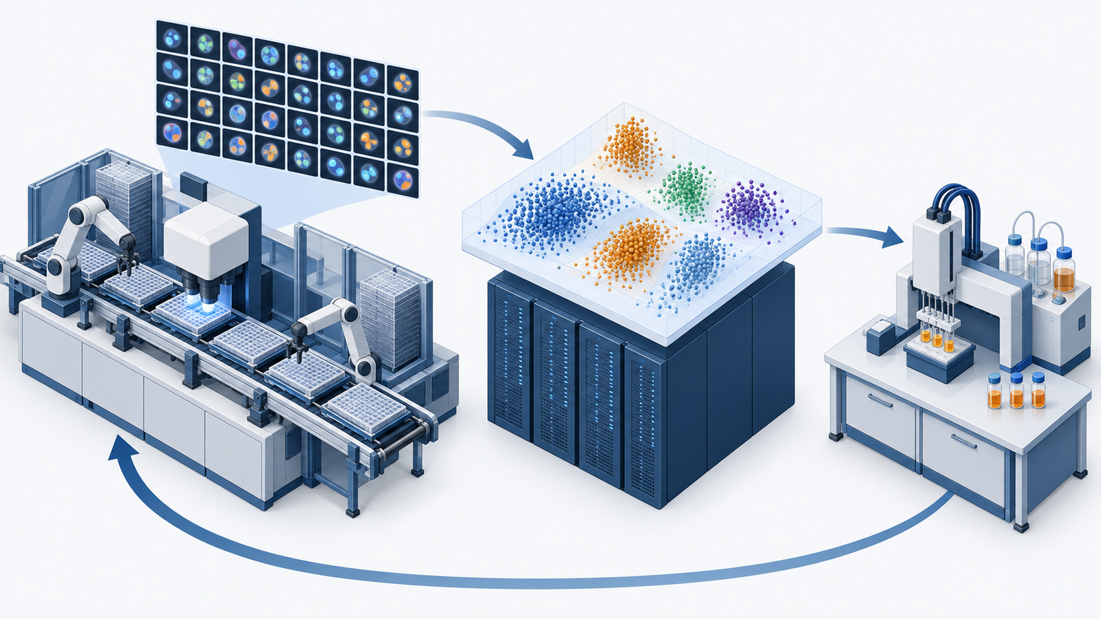 Conceptual Diagram: A large amount of cell images in an automated laboratory, map on a computer, and make sure that only a few synthesis selected are synthesized.