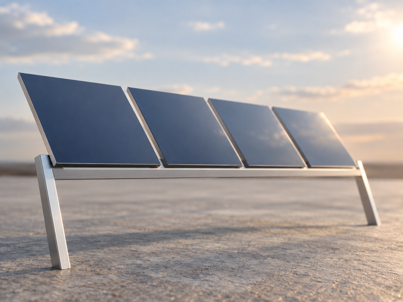 Conceptual image of several small plain dark panels set out at an angle on a simple metal rack under a wide sky